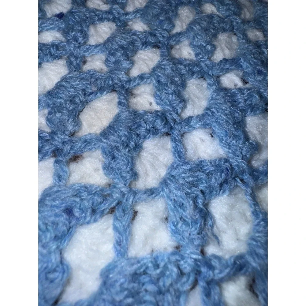 Handmade Crocheted Afghan Blanket Blue & White With Tassels 57x55 Reversible